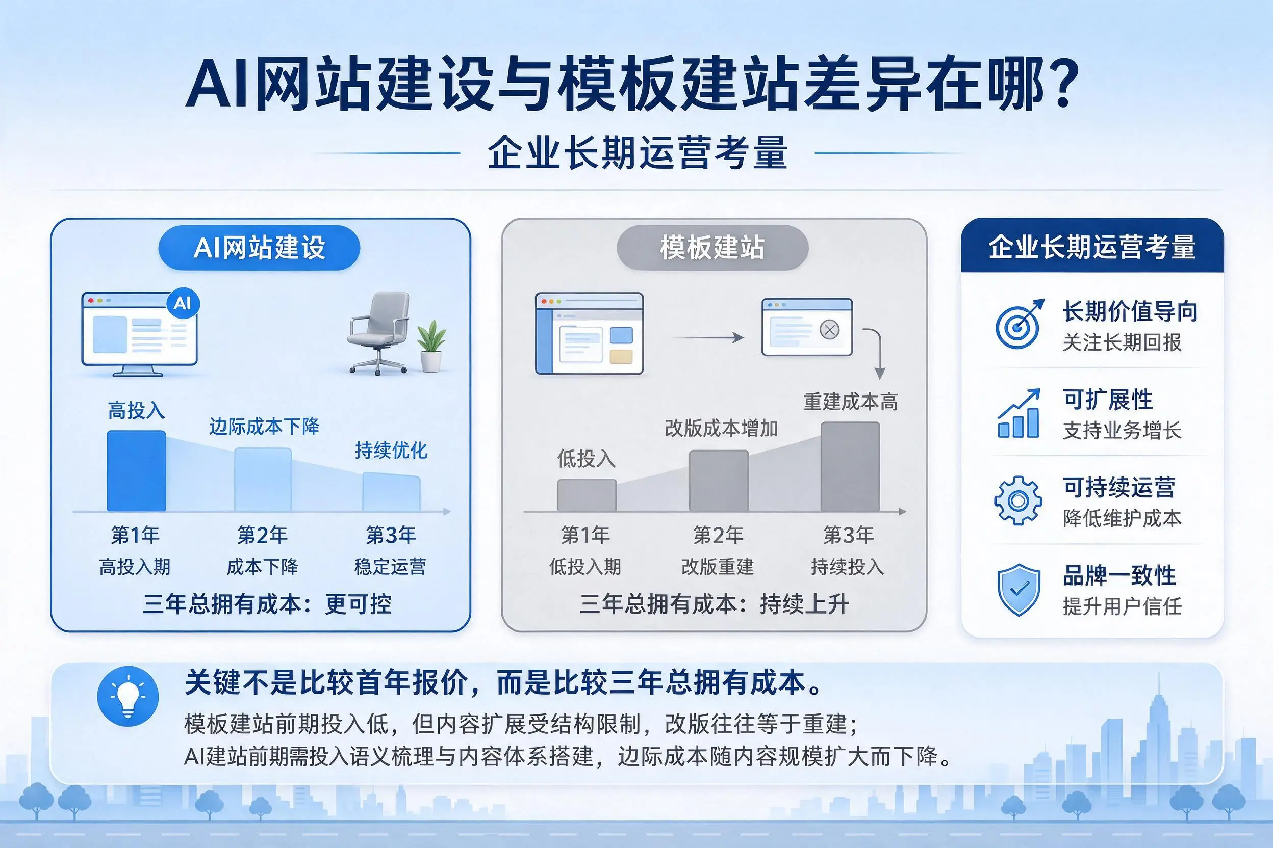 AI网站建设与模板建站差异在哪？阜新企业长期运营考量